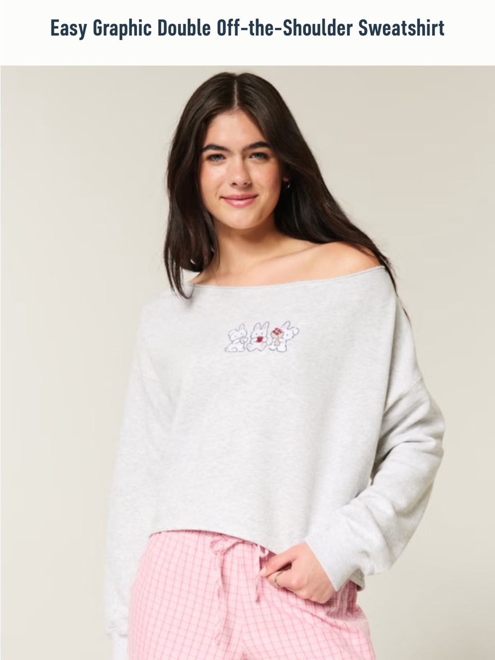 Hollister Light Gray Off-the-Shoulder Sweatshirt with Small Bunny Graphic